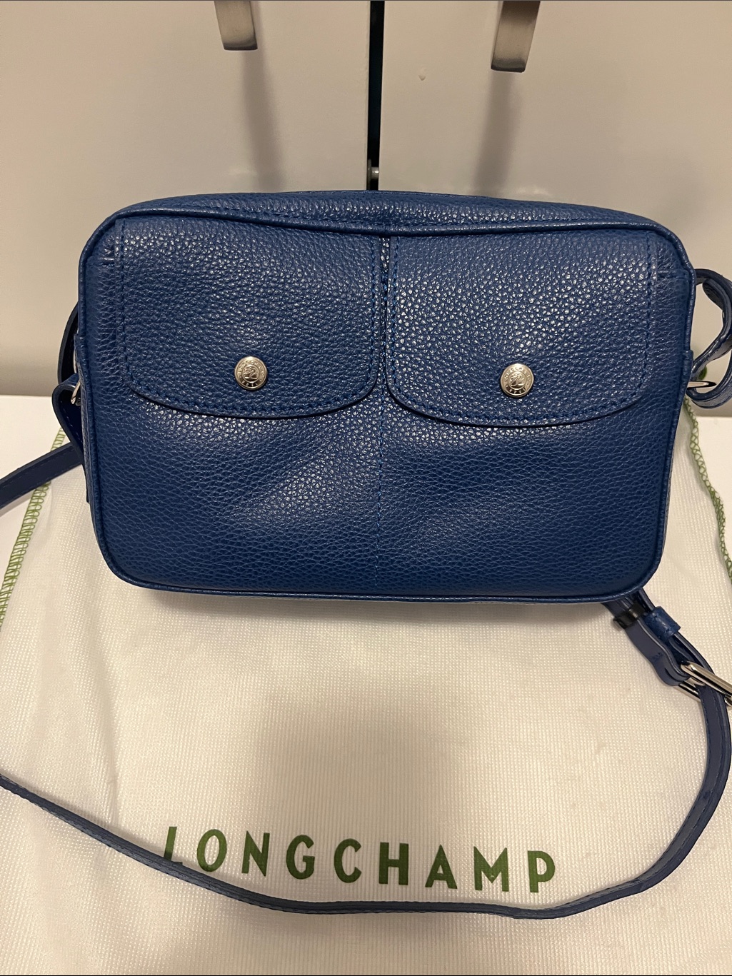 Longchamp Blue Pebbled Leather Crossbody With Front Flap Pockets